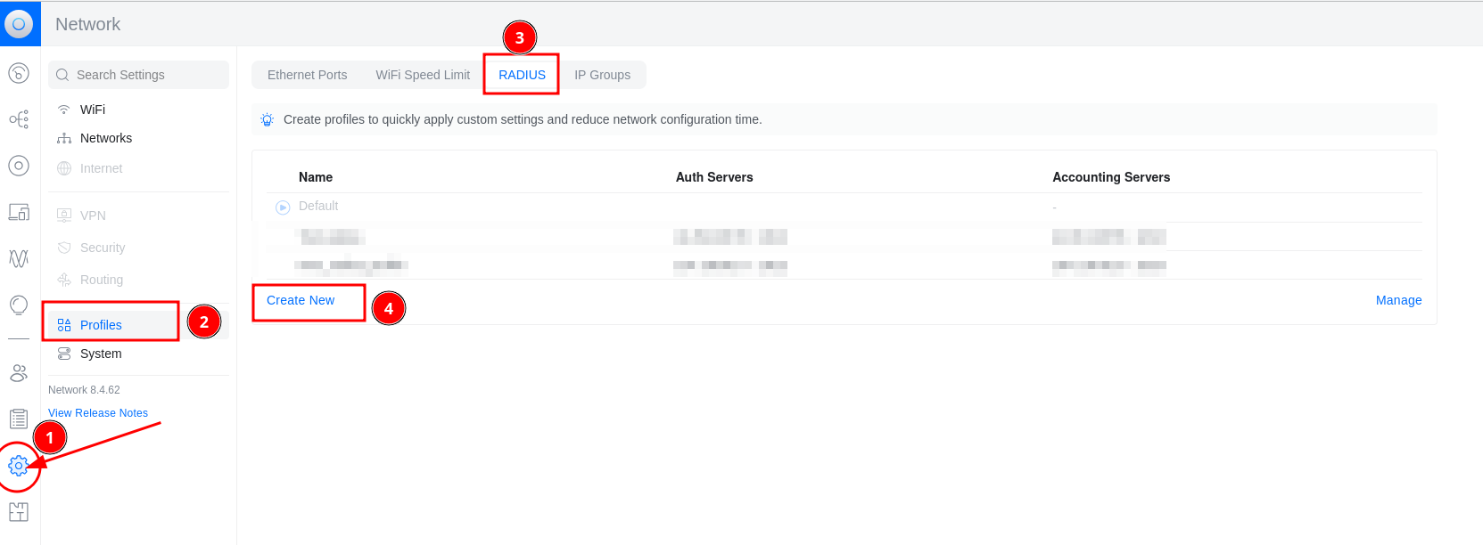 UniFi — Navigate to RADIUS Profiles
