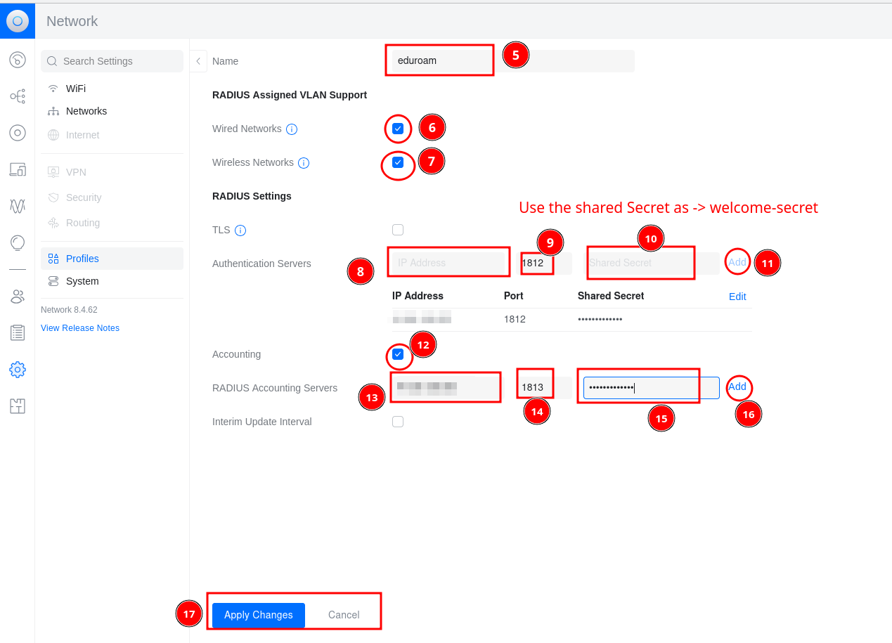 UniFi — eduroam RADIUS Profile settings
