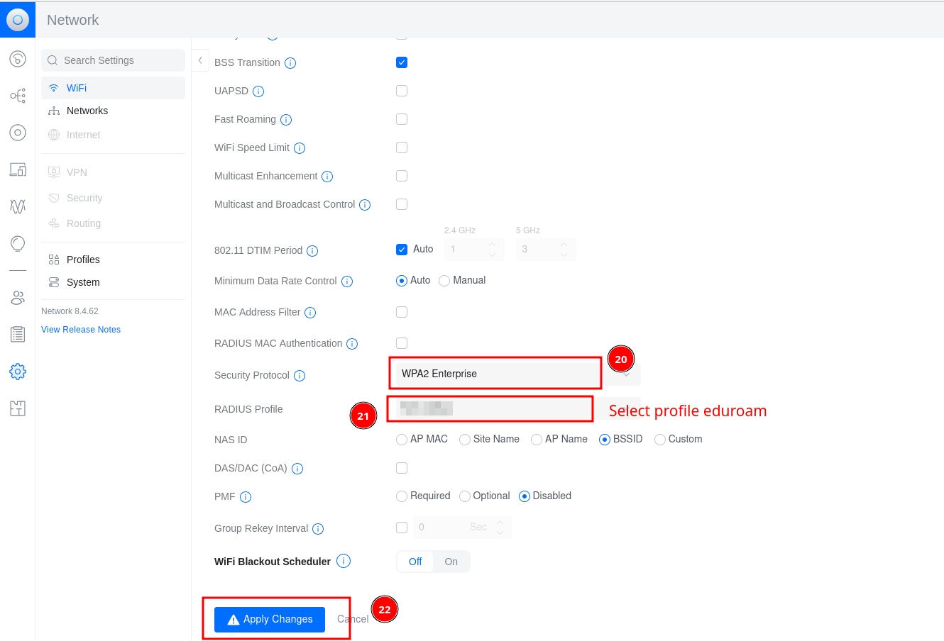 UniFi — eduroam WiFi Network — security and RADIUS profile