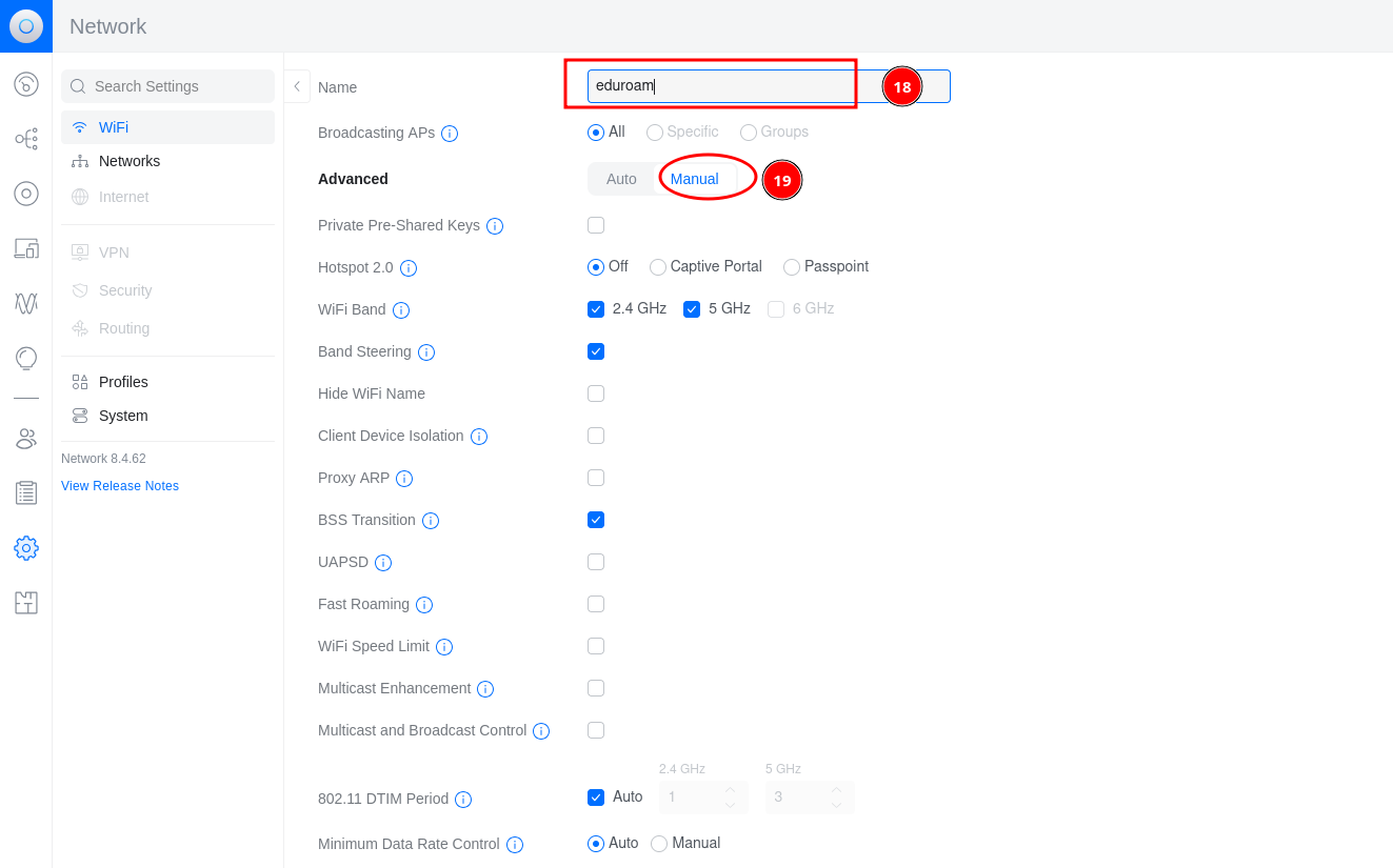 UniFi — eduroam WiFi Network — name and advanced settings